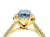 Yellow gold Fancy Blue Emerald Cut Halo Diamond Ring with Pavé Band_4
