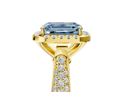 Yellow gold Fancy Blue Emerald Cut Halo Diamond Ring with Pavé Band_5
