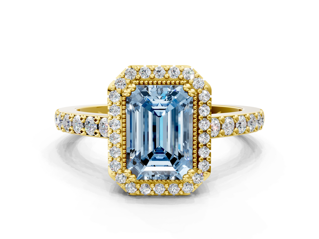 Yellow gold Fancy Blue Emerald  Cut Halo Diamond Ring with Pave Band and Four-Prong Setting_24