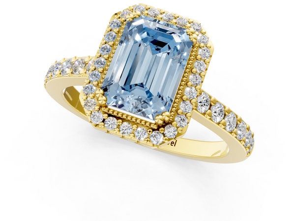 Yellow gold Fancy Blue Emerald  Cut Diamond Halo Engagement Ring with Milgrain Detail and Pavé Band