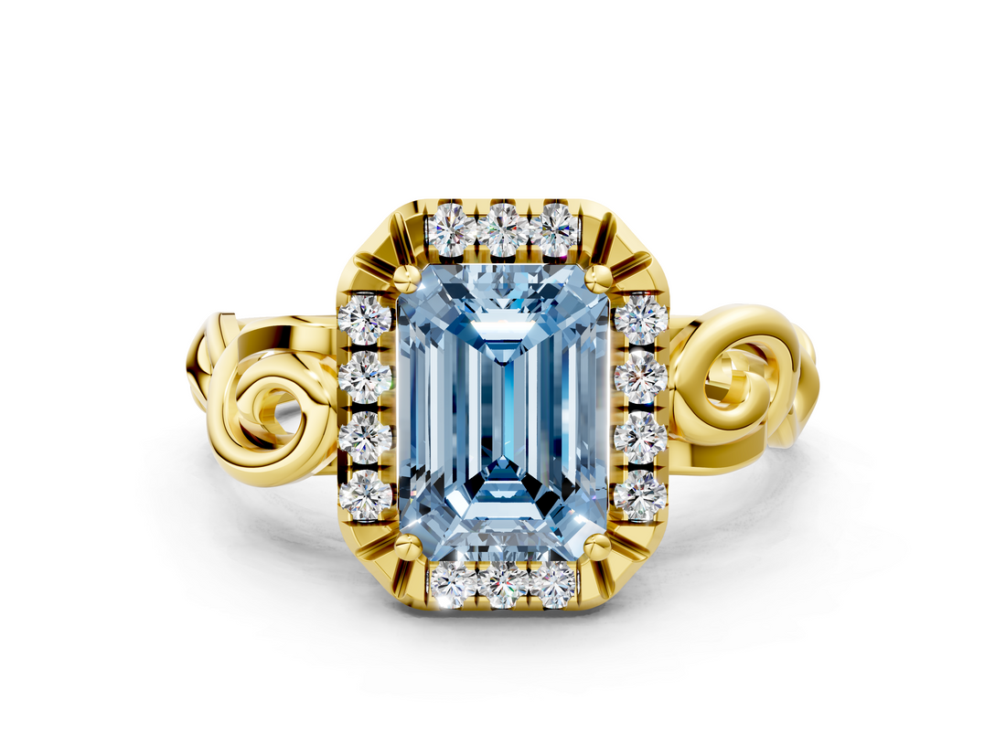 Yellow gold Fancy Blue Emerald  Cut Halo Diamond Ring with Scrollwork Band and Four-Prong Setting_71