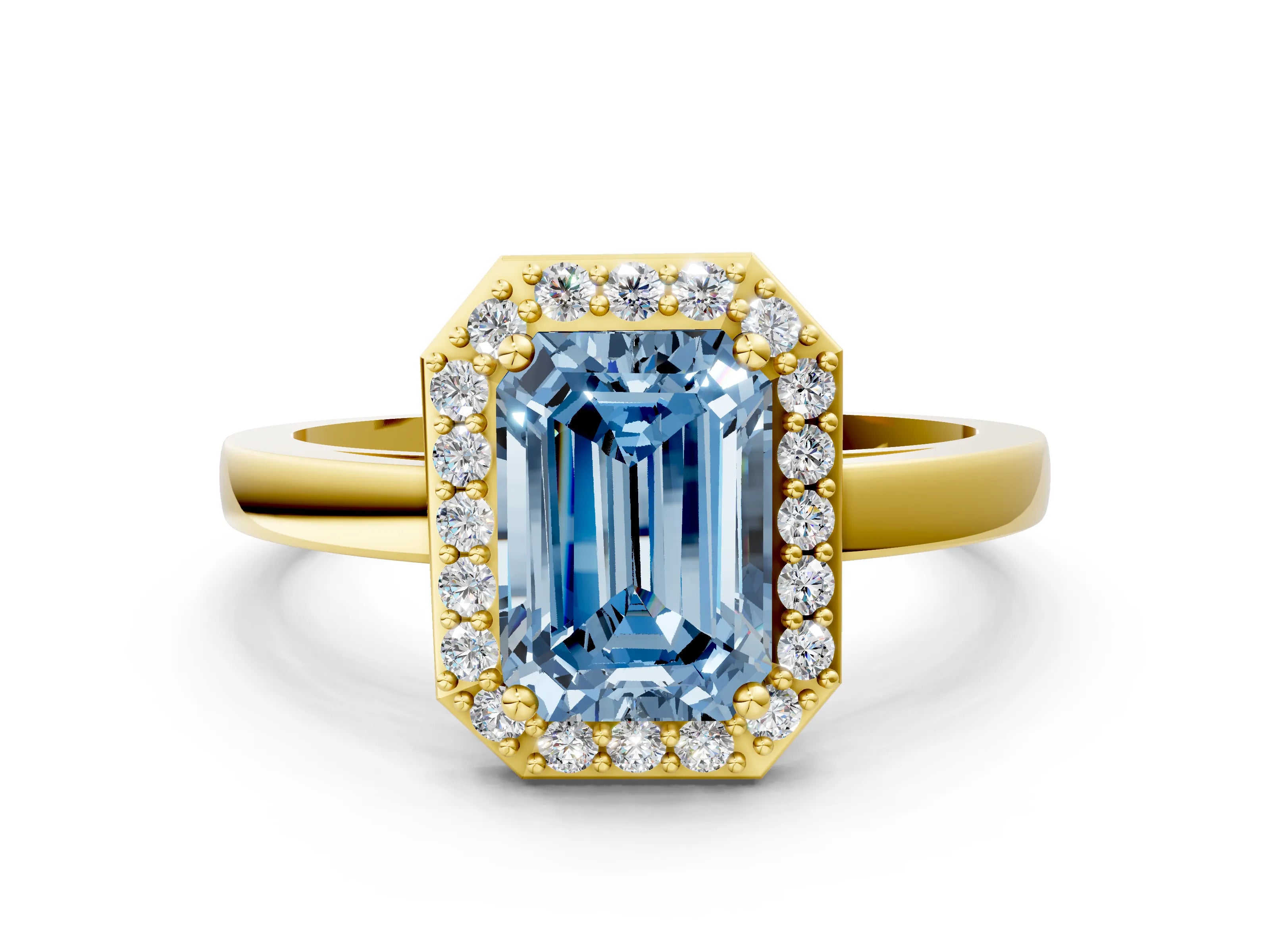 Yellow gold Fancy Blue Emerald Cut Halo Diamond Ring with Solitaire Band and Prong Setting