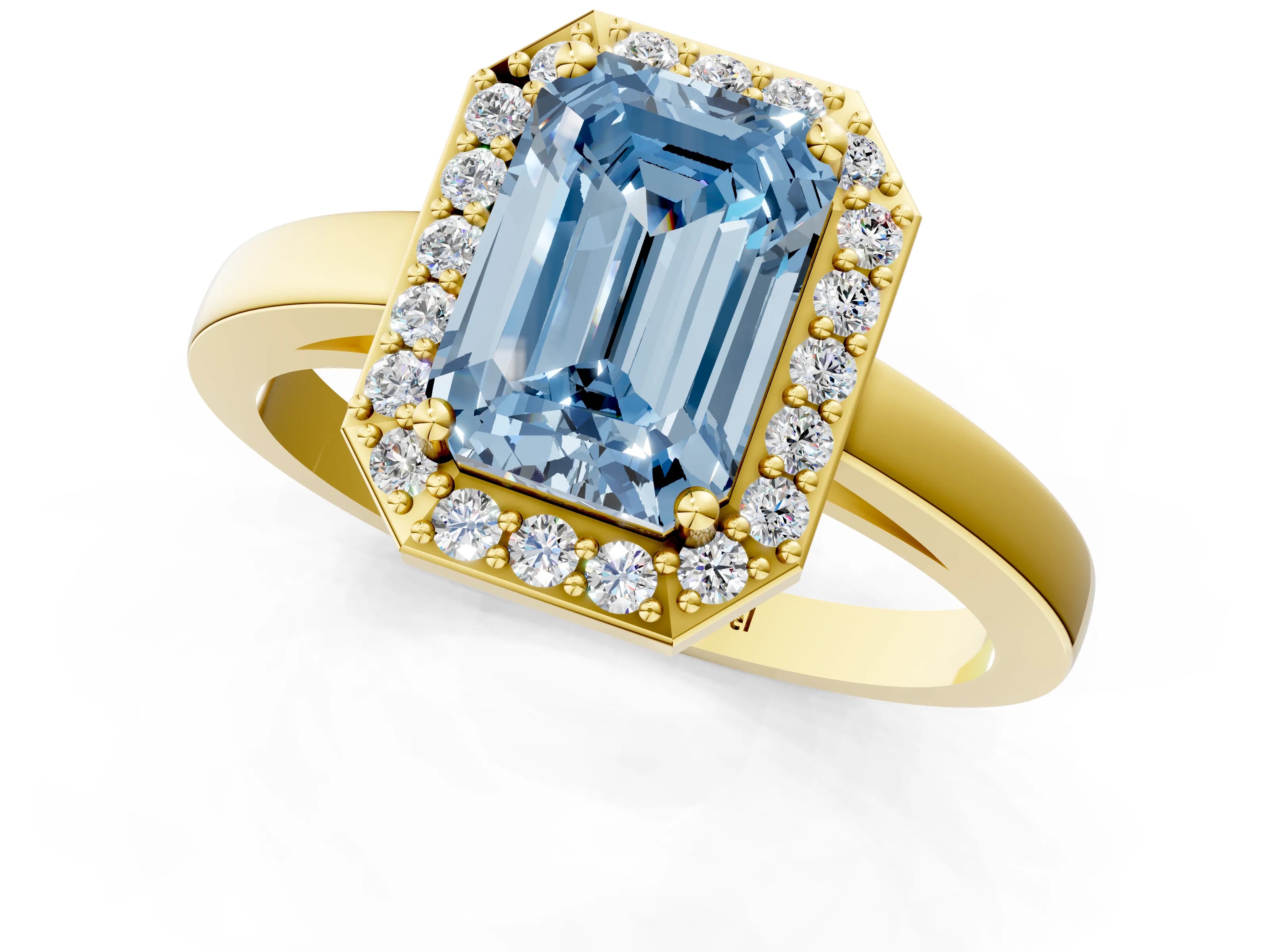 Yellow gold Fancy Blue Emerald Cut Halo Diamond Ring with Solitaire Band and Prong Setting_1