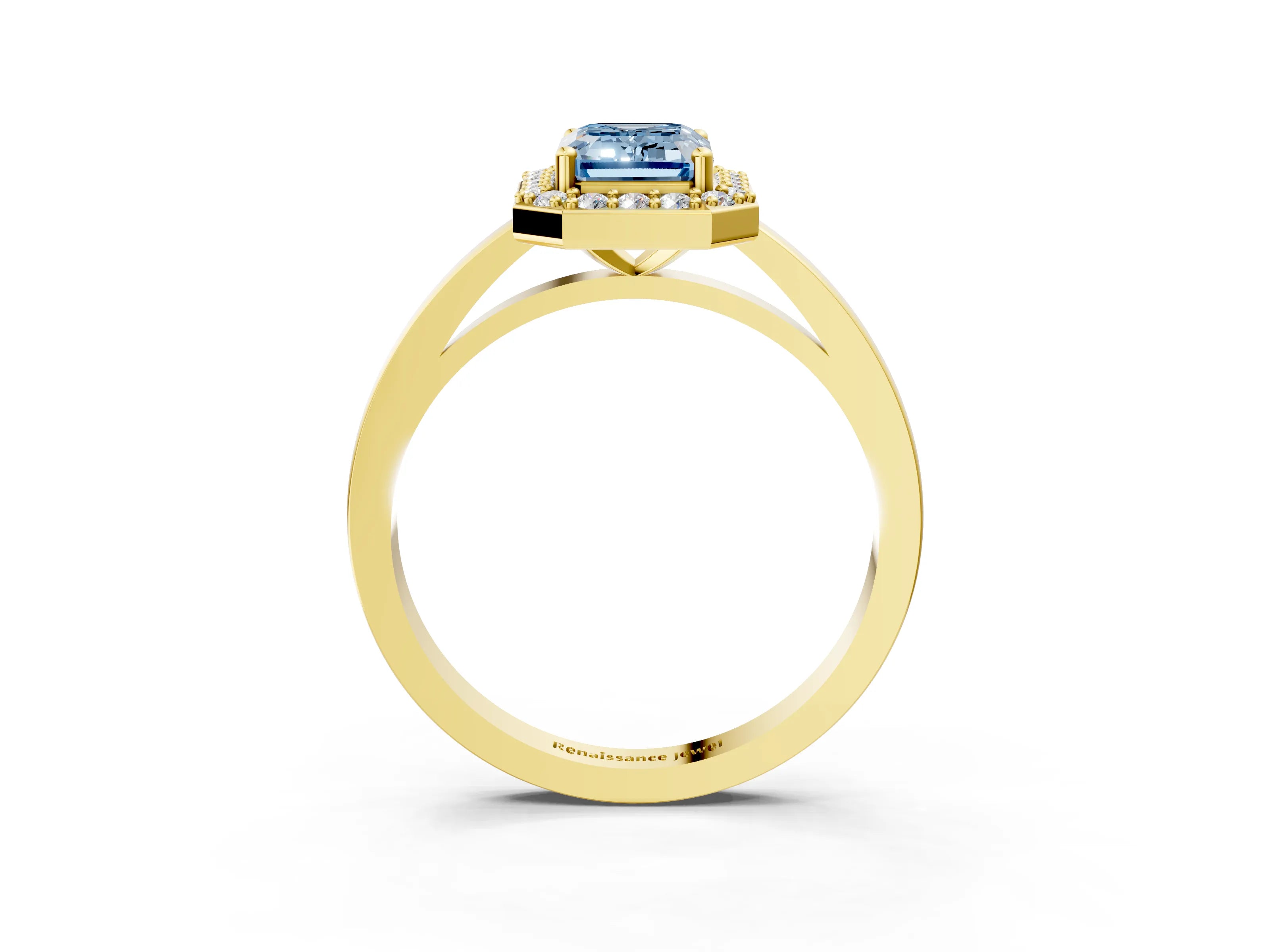 Yellow gold Fancy Blue Emerald Cut Halo Diamond Ring with Solitaire Band and Prong Setting_3