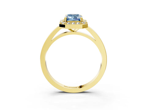 Yellow gold Fancy Blue Emerald Cut Halo Diamond Ring with Solitaire Band and Prong Setting_3