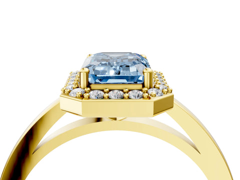 Yellow gold Fancy Blue Emerald Cut Halo Diamond Ring with Solitaire Band and Prong Setting_4