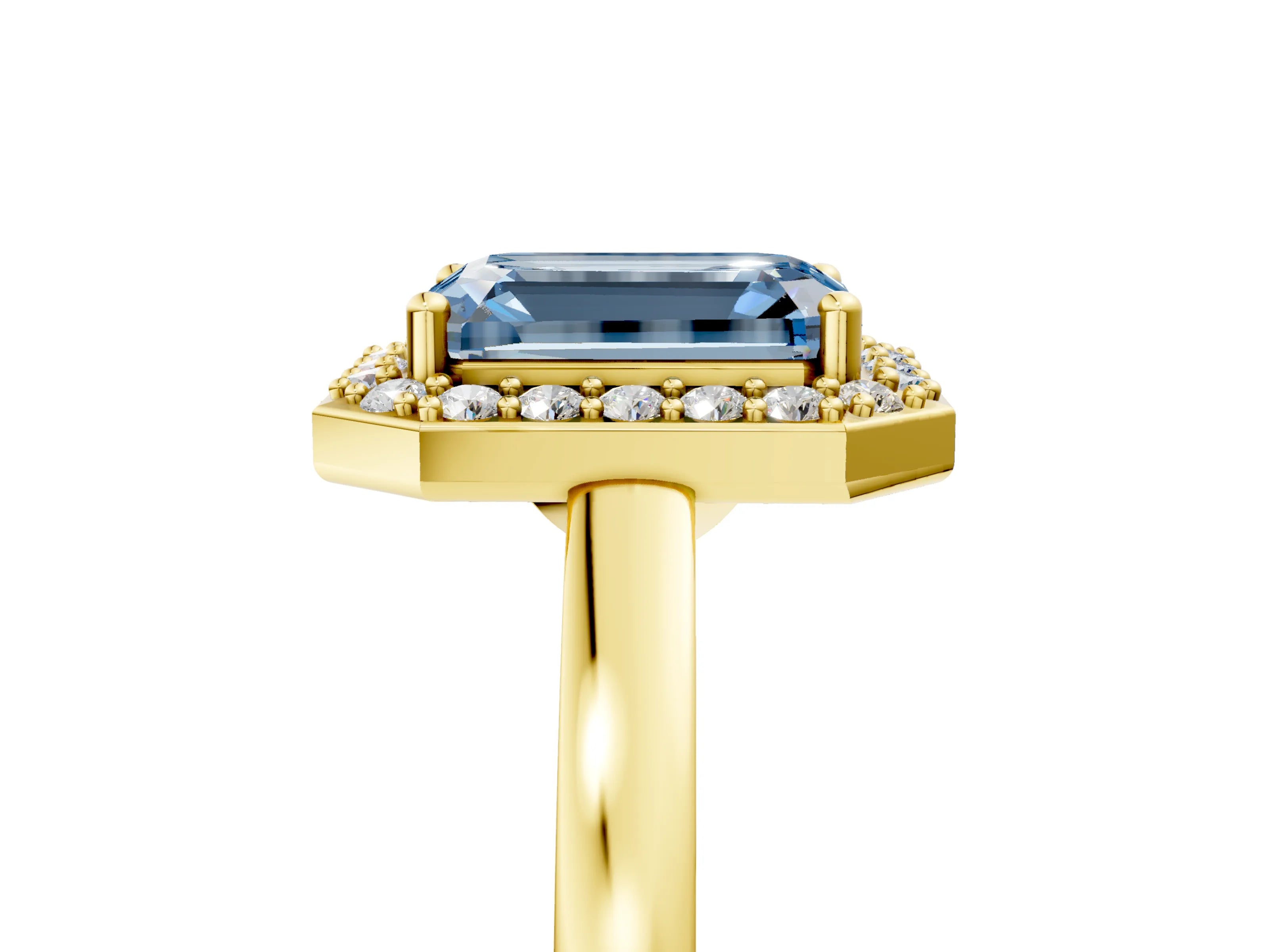 Yellow gold Fancy Blue Emerald Cut Halo Diamond Ring with Solitaire Band and Prong Setting_5