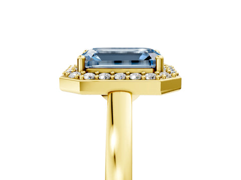 Yellow gold Fancy Blue Emerald Cut Halo Diamond Ring with Solitaire Band and Prong Setting_5