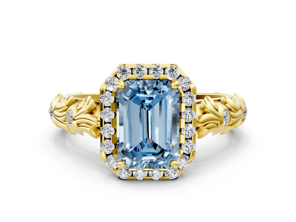 Yellow Gold Emerald Cut Leaf Halo Engagement Ring Setting for Fancy Blue Center