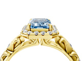 Yellow gold Fancy Blue Emerald Cut Halo Diamond Solitaire with Filigree Band and Four-Prong Setting_4