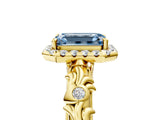 Yellow gold Fancy Blue Emerald Cut Halo Diamond Solitaire with Filigree Band and Four-Prong Setting_5