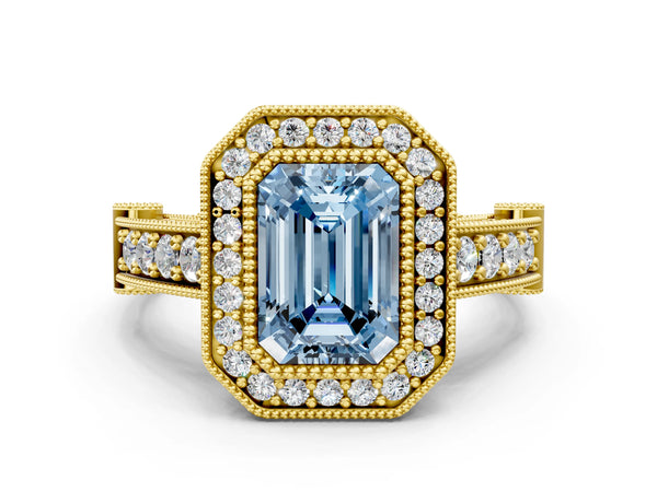 Yellow Gold Emerald Cut Vintage Bezel Halo Engagement Ring Setting for Fancy Blue Center