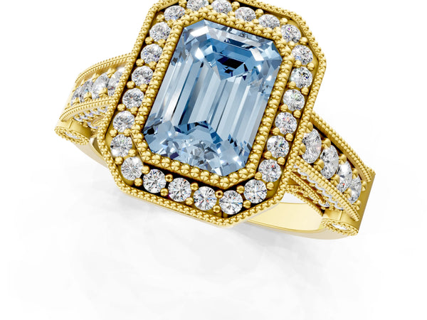 Yellow Gold Emerald Cut Vintage Bezel Halo Engagement Ring Setting for Fancy Blue Center