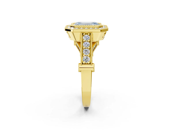 Yellow Gold Emerald Cut Vintage Bezel Halo Engagement Ring Setting for Fancy Blue Center
