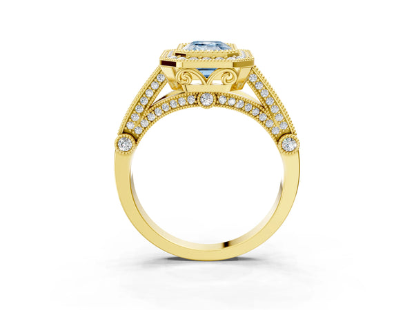 Yellow Gold Emerald Cut Vintage Bezel Halo Engagement Ring Setting for Fancy Blue Center