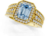 Yellow gold Fancy Blue Emerald Cut Halo Diamond Split Shank Ring with Prong Setting_1