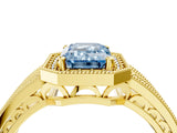 Yellow gold Fancy Blue Emerald Cut Halo Diamond Split Shank Ring with Prong Setting_10