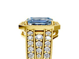Yellow gold Fancy Blue Emerald Cut Halo Diamond Split Shank Ring with Prong Setting_11
