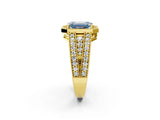 Yellow gold Fancy Blue Emerald Cut Halo Diamond Split Shank Ring with Prong Setting_2