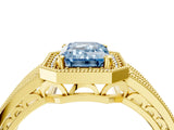 Yellow gold Fancy Blue Emerald Cut Halo Diamond Split Shank Ring with Prong Setting_4