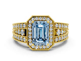 Yellow gold Fancy Blue Emerald Cut Halo Diamond Split Shank Ring with Prong Setting_6