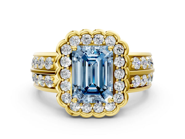 Yellow gold Fancy Blue Emerald Cut Halo Diamond Split Shank Ring with Scalloped Prong Setting