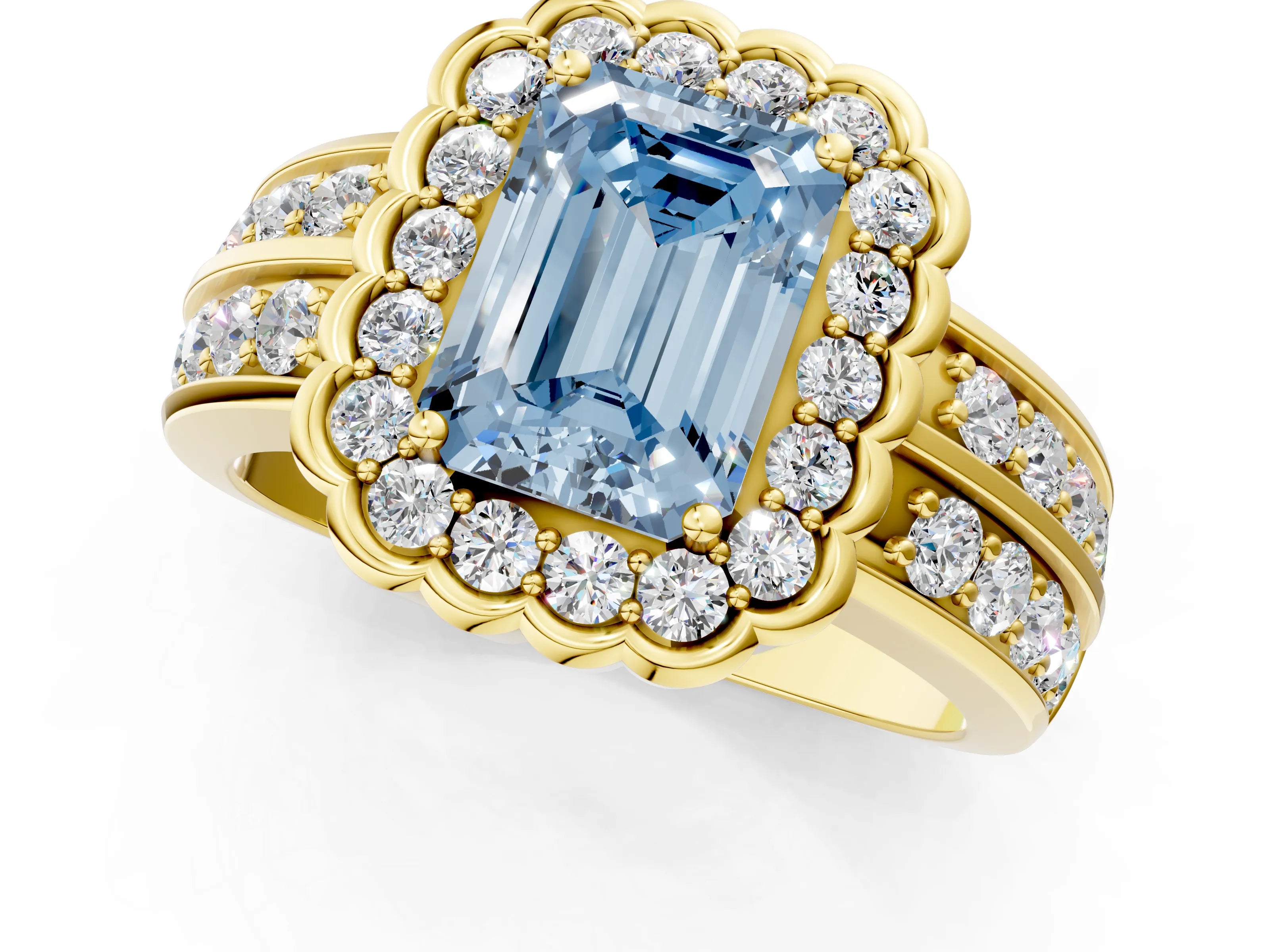 Yellow gold Fancy Blue Emerald Cut Halo Diamond Split Shank Ring with Scalloped Prong Setting_1