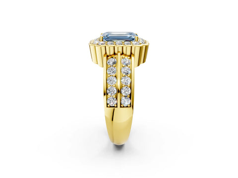 Yellow gold Fancy Blue Emerald Cut Halo Diamond Split Shank Ring with Scalloped Prong Setting_2