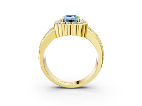 Yellow gold Fancy Blue Emerald Cut Halo Diamond Split Shank Ring with Scalloped Prong Setting_3