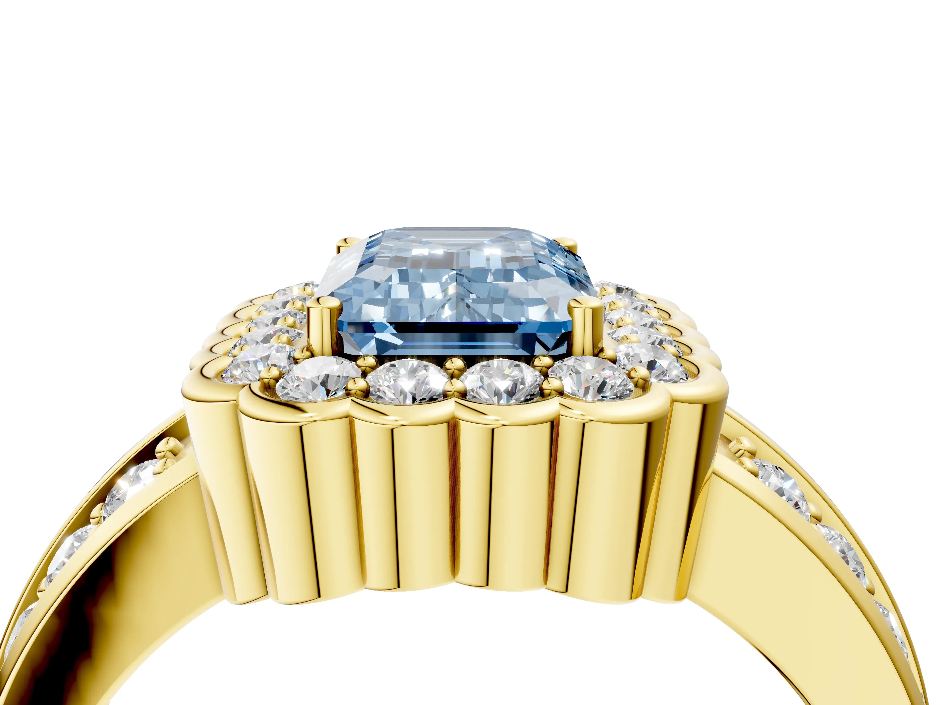 Yellow gold Fancy Blue Emerald Cut Halo Diamond Split Shank Ring with Scalloped Prong Setting_4