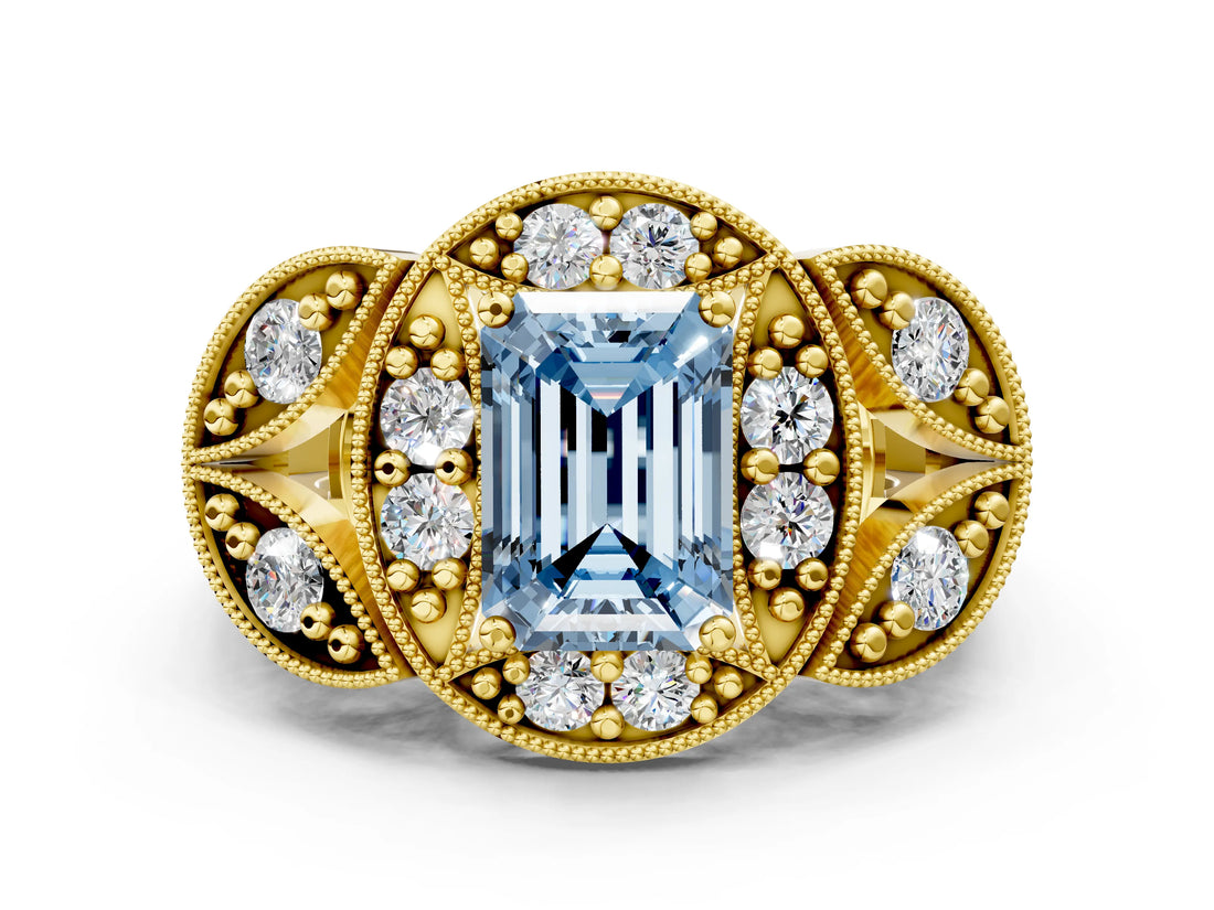 Yellow gold Fancy Blue Emerald Cut Halo Milgrain Diamond Engagement Ring with Leaf Band and Four-Prong Setting