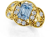 Yellow gold Fancy Blue Emerald Cut Halo Milgrain Diamond Engagement Ring with Leaf Band and Four-Prong Setting_1