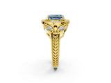 Yellow gold Fancy Blue Emerald Cut Halo Milgrain Diamond Engagement Ring with Leaf Band and Four-Prong Setting_2