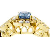 Yellow gold Fancy Blue Emerald Cut Halo Milgrain Diamond Engagement Ring with Leaf Band and Four-Prong Setting_4