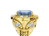 Yellow gold Fancy Blue Emerald Cut Halo Milgrain Diamond Engagement Ring with Leaf Band and Four-Prong Setting_5