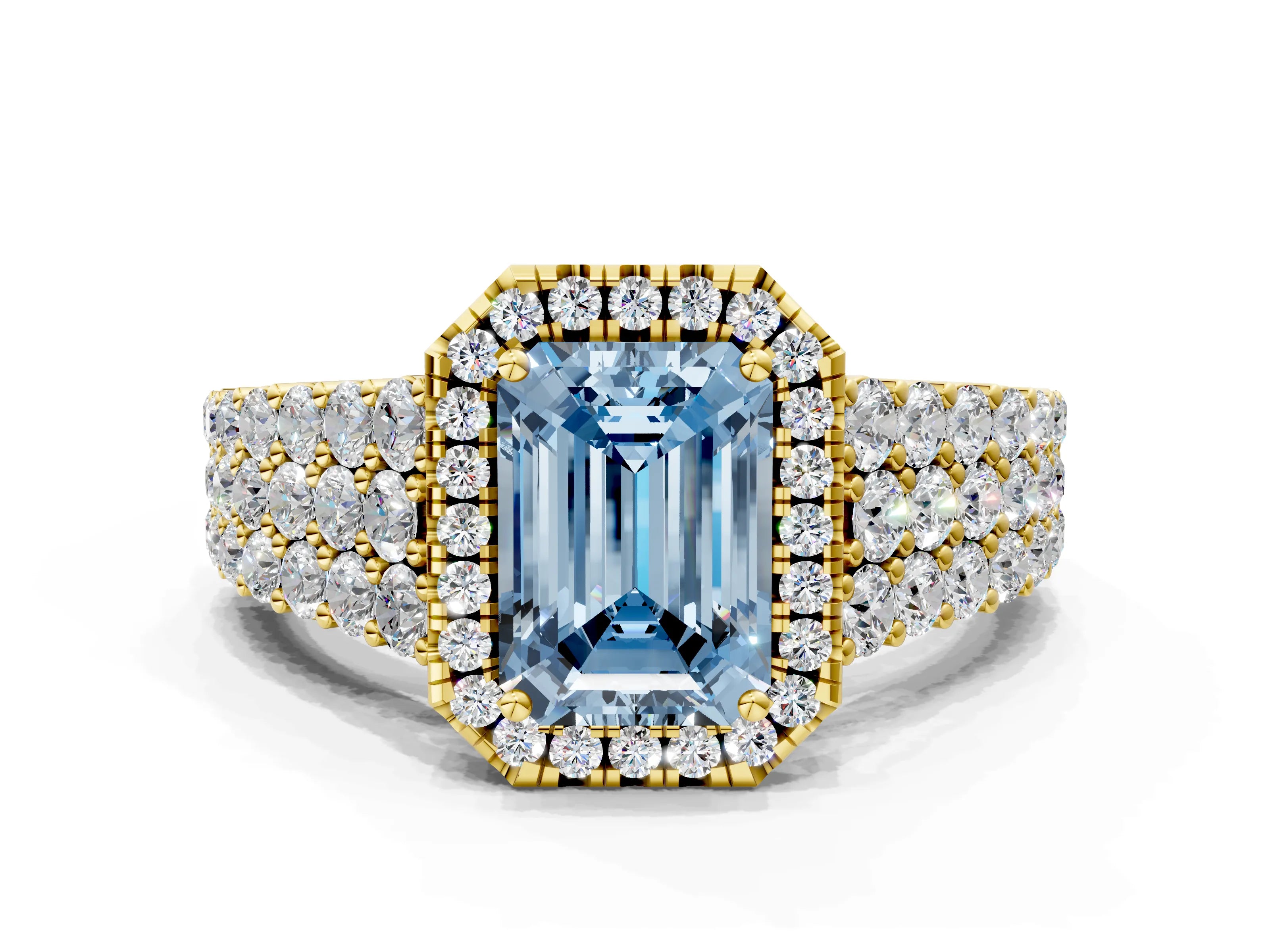 Yellow gold Fancy Blue Emerald Cut Halo Pavé Diamond Engagement Ring with Split Shank and Four-Prong Setting_3