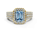 Yellow gold Fancy Blue Emerald Cut Halo Pavé Diamond Engagement Ring with Split Shank and Four-Prong Setting_3