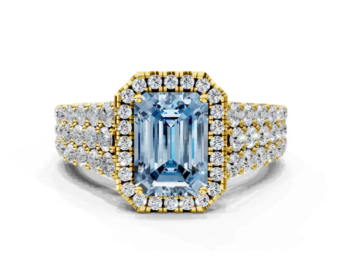 Yellow gold Fancy Blue Emerald Cut Halo Pavé Diamond Engagement Ring with Split Shank and Four-Prong Setting_3