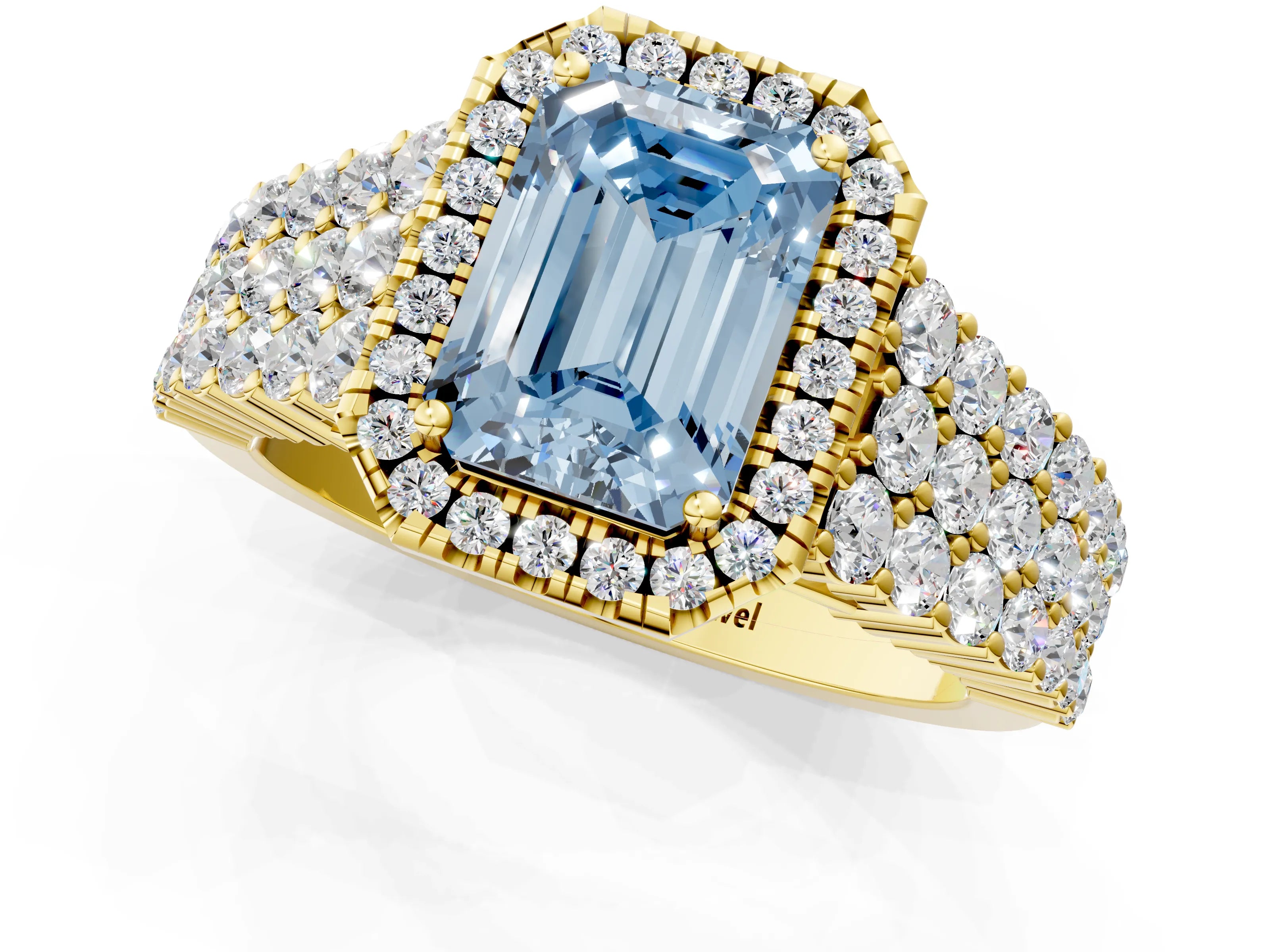Yellow gold Fancy Blue Emerald Cut Halo Pavé Diamond Engagement Ring with Split Shank and Four-Prong Setting_4