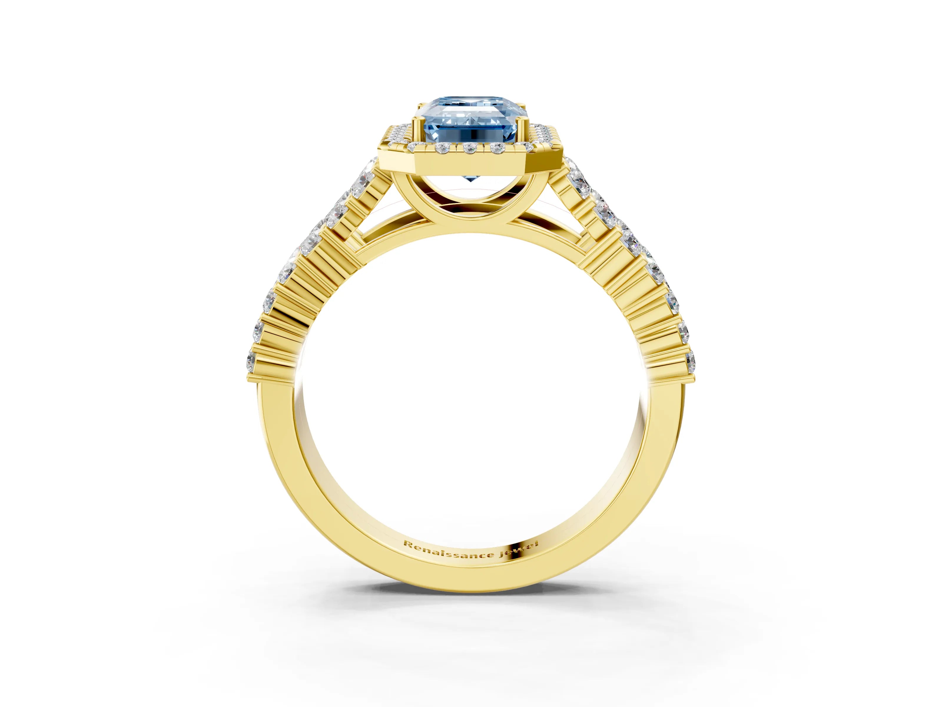 Yellow gold Fancy Blue Emerald Cut Halo Pavé Diamond Engagement Ring with Split Shank and Four-Prong Setting_6