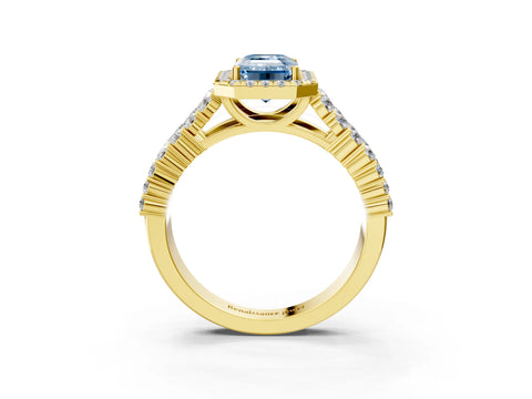 Yellow gold Fancy Blue Emerald Cut Halo Pavé Diamond Engagement Ring with Split Shank and Four-Prong Setting_6