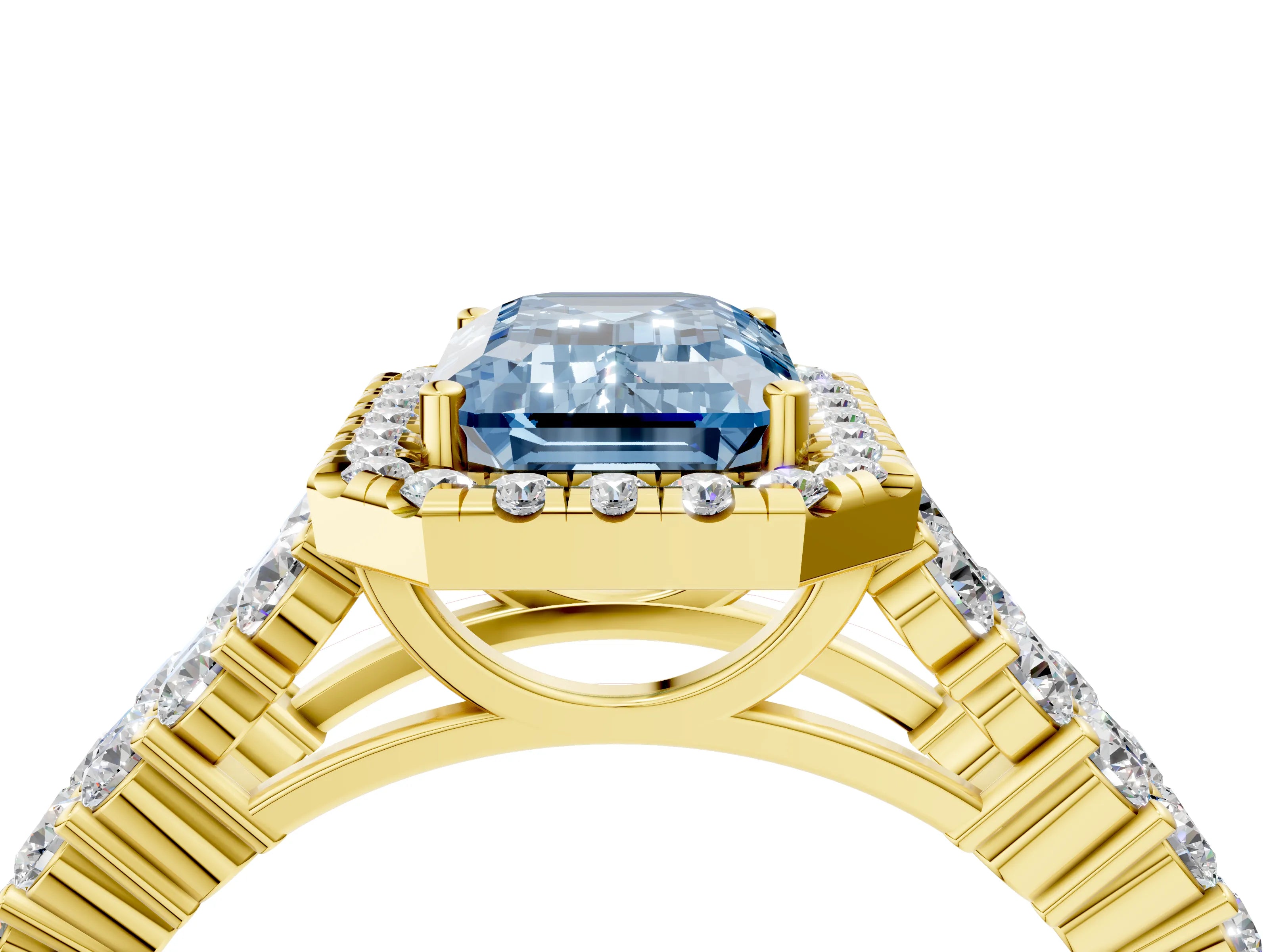 Yellow gold Fancy Blue Emerald Cut Halo Pavé Diamond Engagement Ring with Split Shank and Four-Prong Setting_7