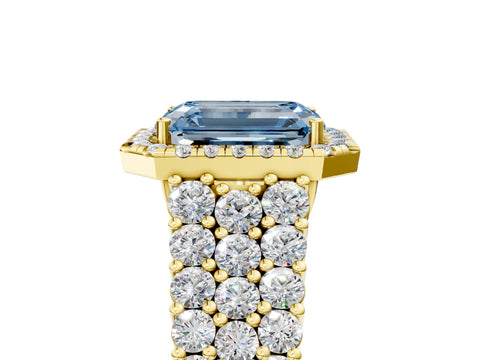 Yellow gold Fancy Blue Emerald Cut Halo Pavé Diamond Engagement Ring with Split Shank and Four-Prong Setting_8