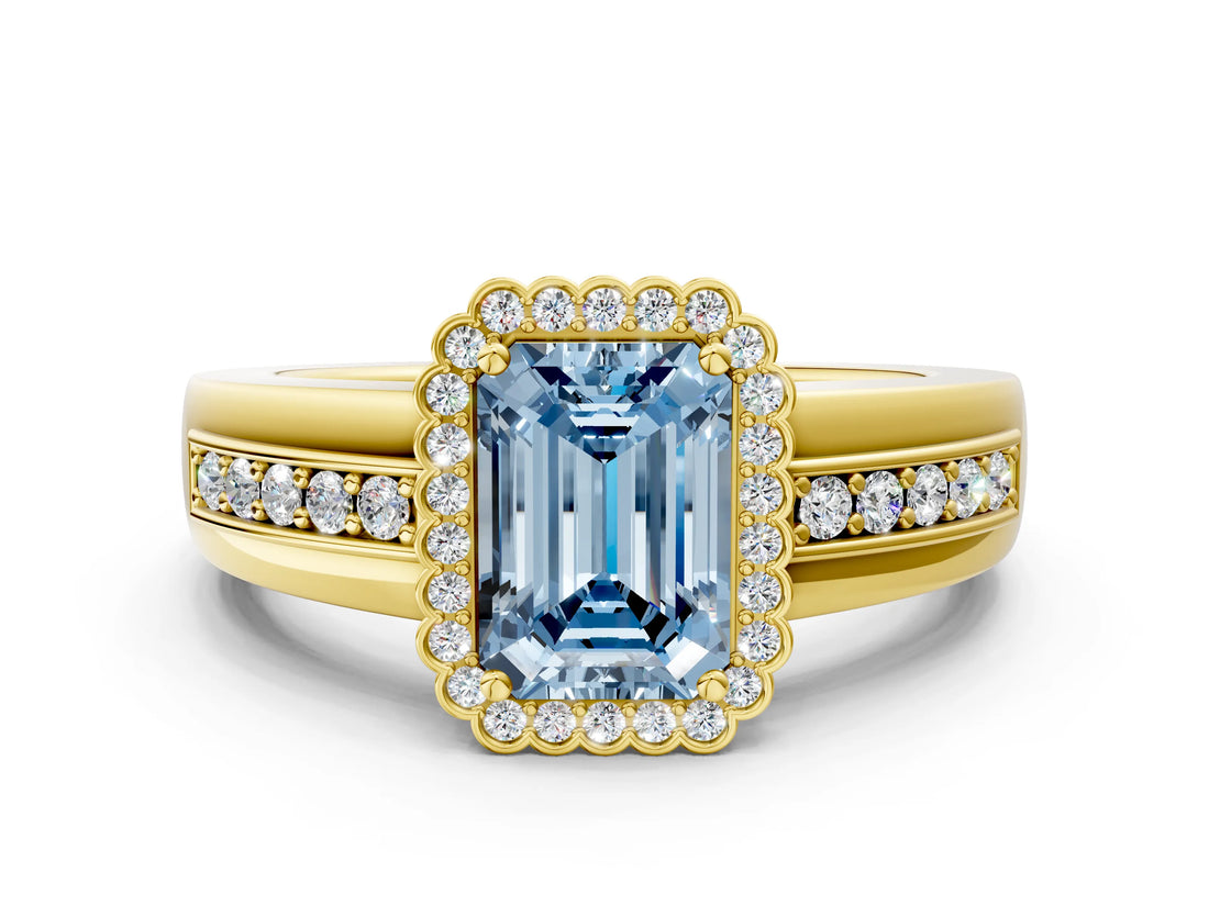 Yellow gold Fancy Blue Emerald  Cut Halo Pave Band Four-Prong Ring_49