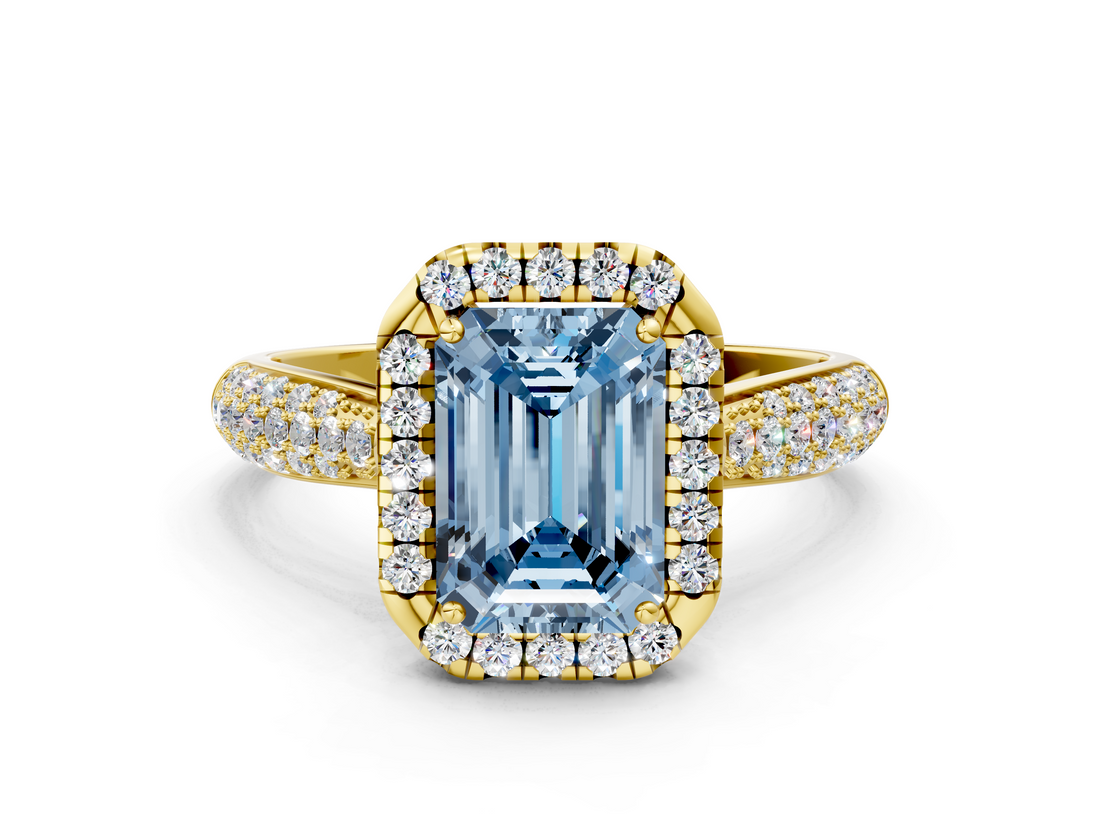 Yellow gold Fancy Blue Emerald  Cut Halo Pave Band Four-Prong Setting Ring_37