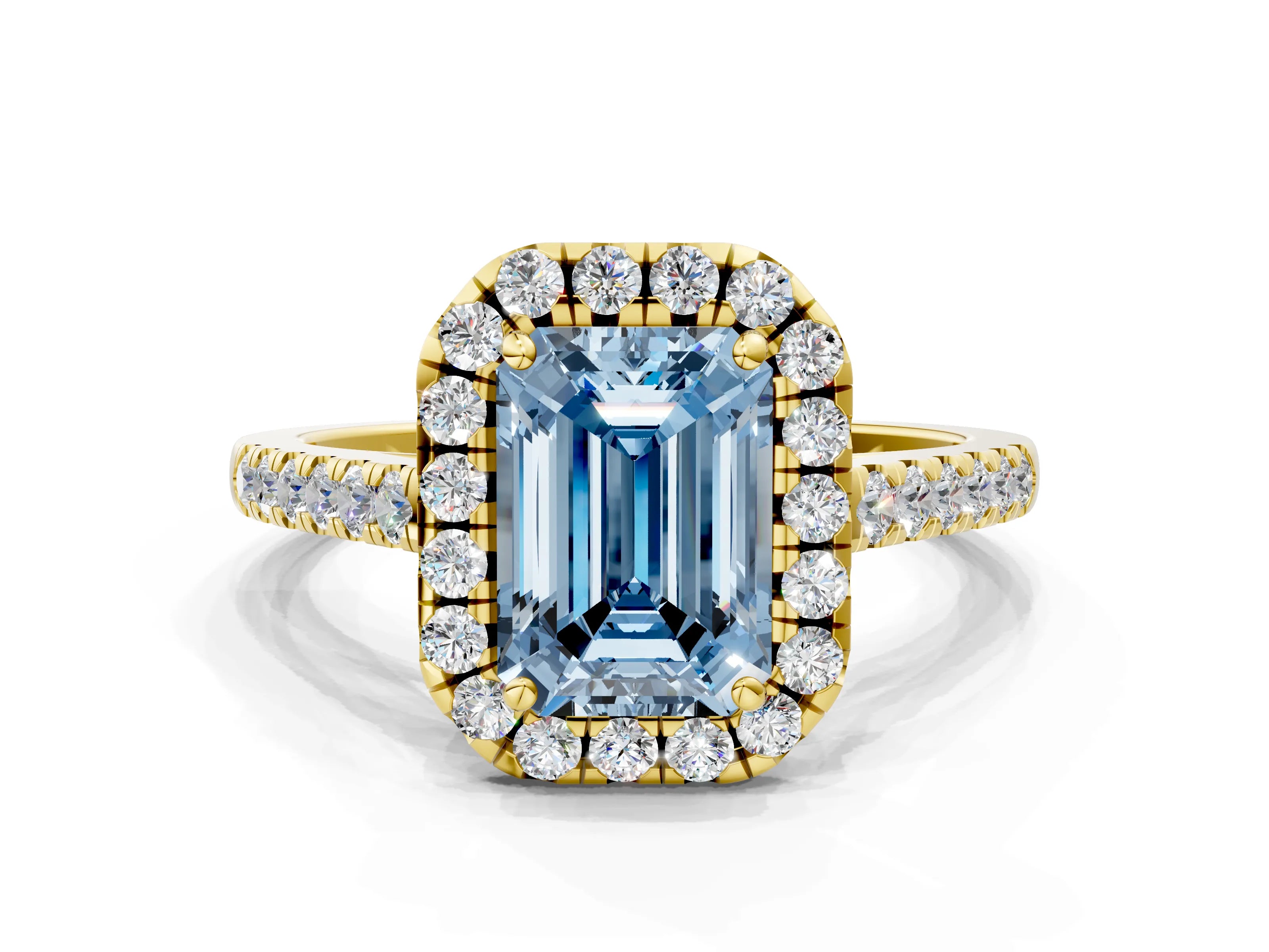 Yellow gold Fancy Blue Emerald Cut Halo Pave Diamond Engagement Ring with Four-Prong Setting