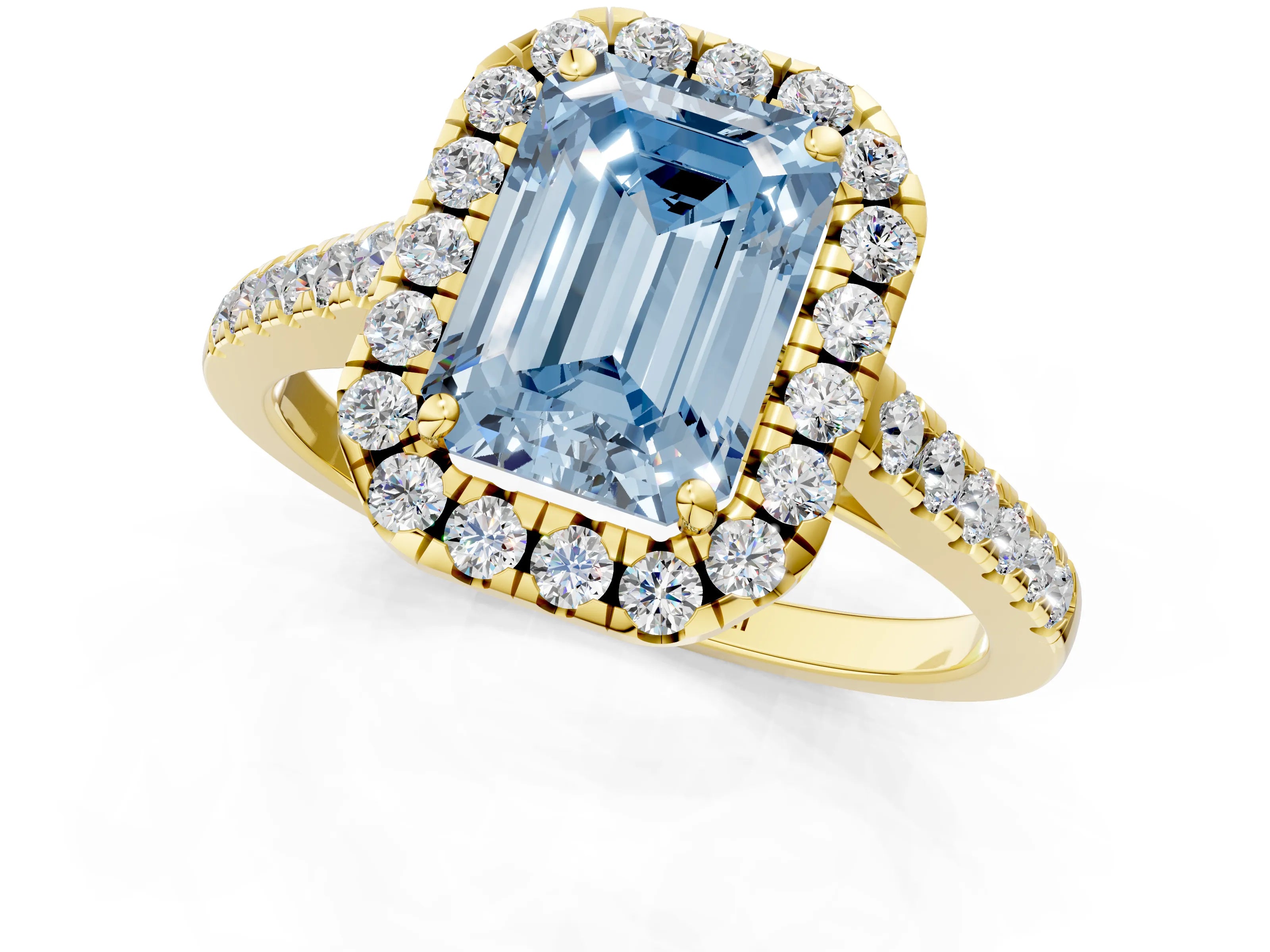 Yellow gold Fancy Blue Emerald Cut Halo Pave Diamond Engagement Ring with Four-Prong Setting_1