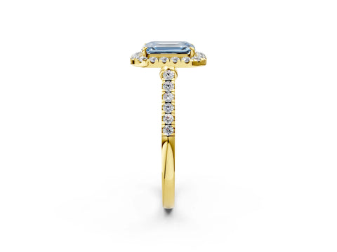 Yellow gold Fancy Blue Emerald Cut Halo Pave Diamond Engagement Ring with Four-Prong Setting_2
