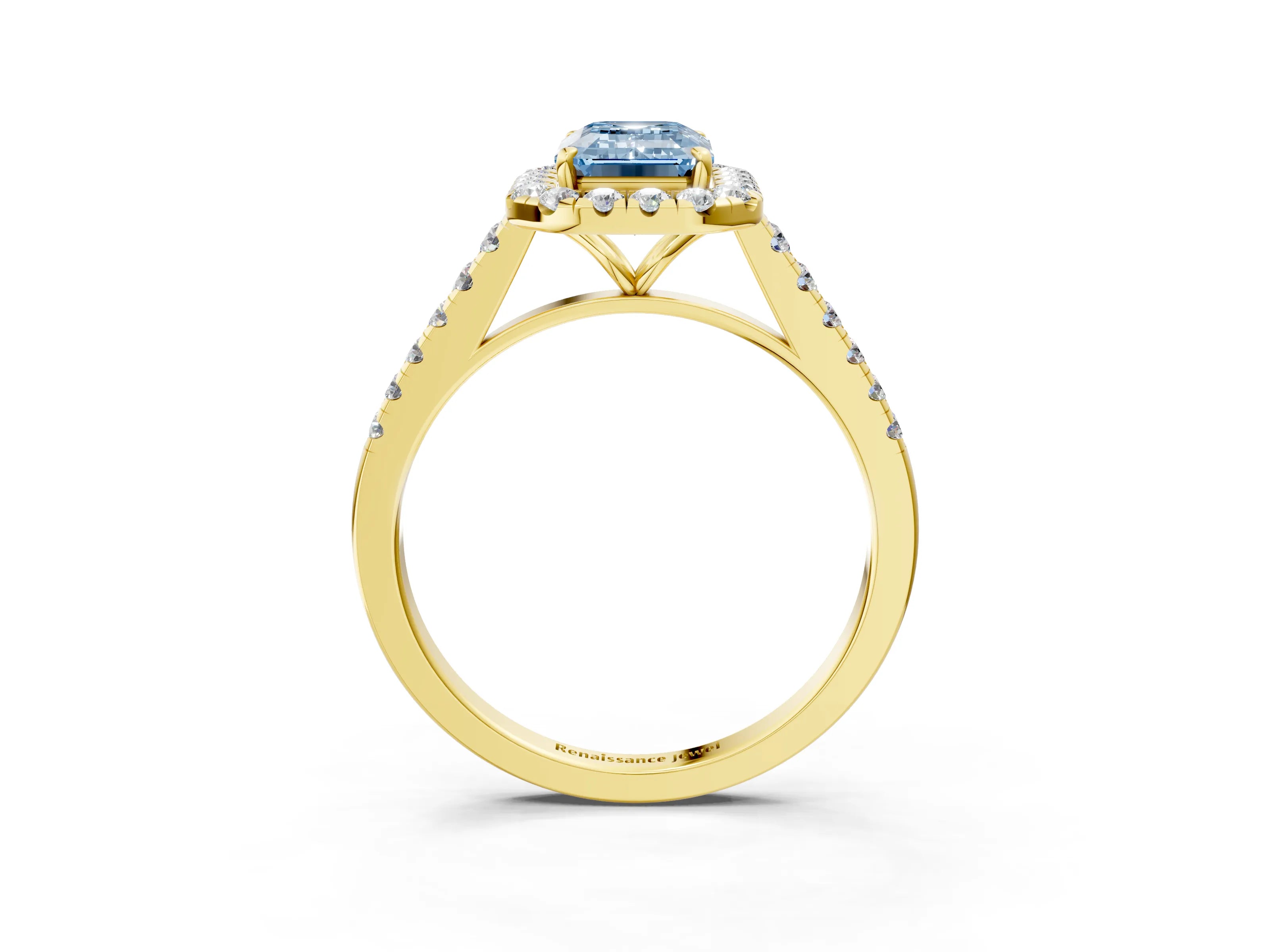 Yellow gold Fancy Blue Emerald Cut Halo Pave Diamond Engagement Ring with Four-Prong Setting_3