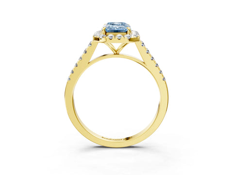 Yellow gold Fancy Blue Emerald Cut Halo Pave Diamond Engagement Ring with Four-Prong Setting_3